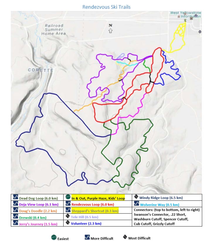 2021 Yellowstone Ski Festival trail map for the Rendezvous Ski Trails